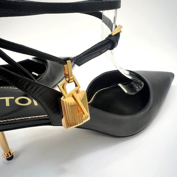 Tom Ford Padlock Black Leather Heels Women Pointed Toe Golden Kitty Heel Size 39 - Picture 9 of 13
